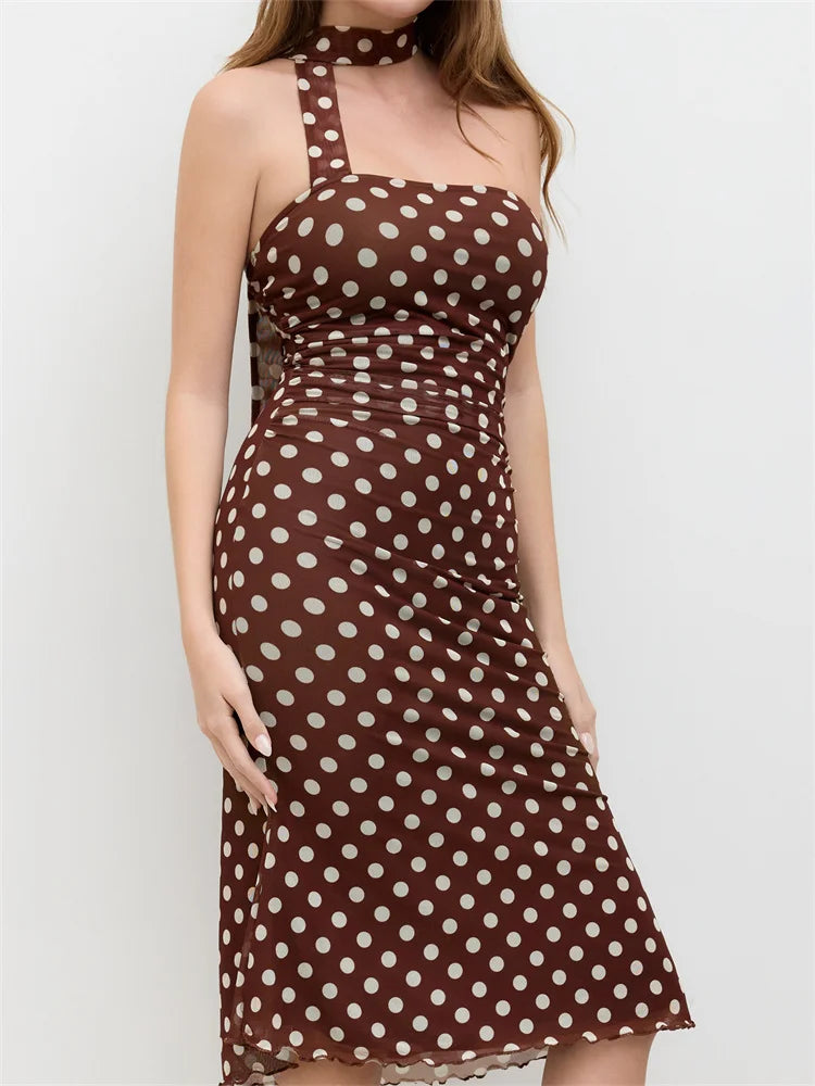 Strapless Off‑Shoulder Polka Dot Maxi Dress with Scarf – Elegant Summer Slim Fit-HighTouch