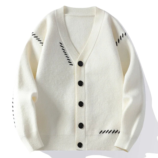 Men’s Patchwork V-Neck Knit Cardigan – Harajuku Casual Streetwear