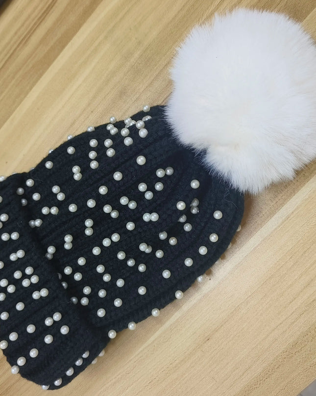 Pearl & Rhinestone Pom Pom Beanie