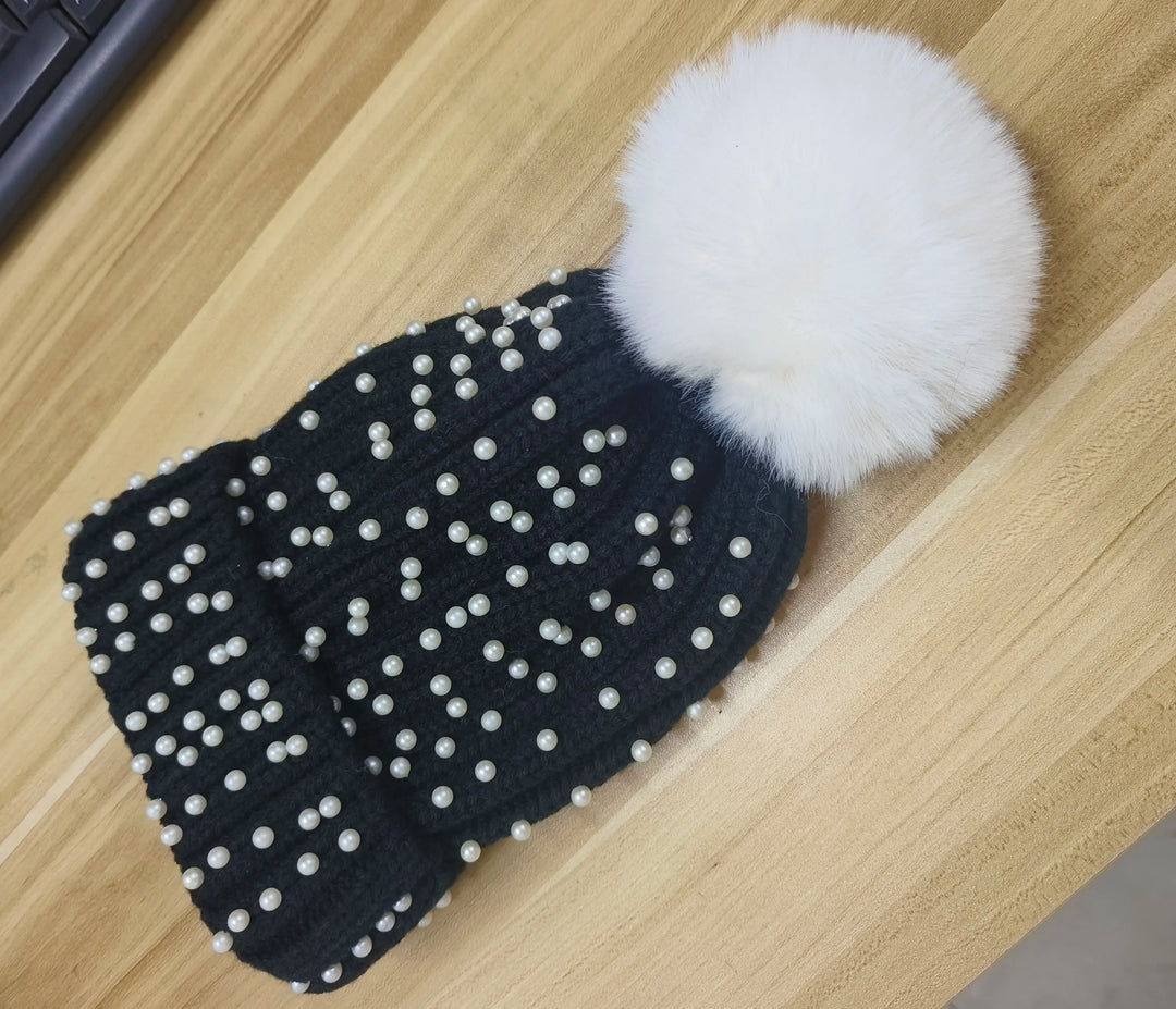 Pearl & Rhinestone Pom Pom Beanie-HighTouch