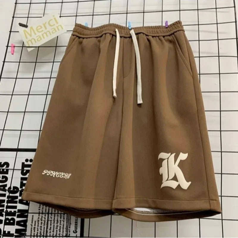 Oversized Samurai-Style Shorts – Gothic Alphabet Print Baggy Streetwear