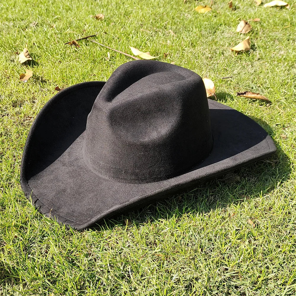 Suede Wide-Brim Western Cowboy Fedora Adjustable Fit