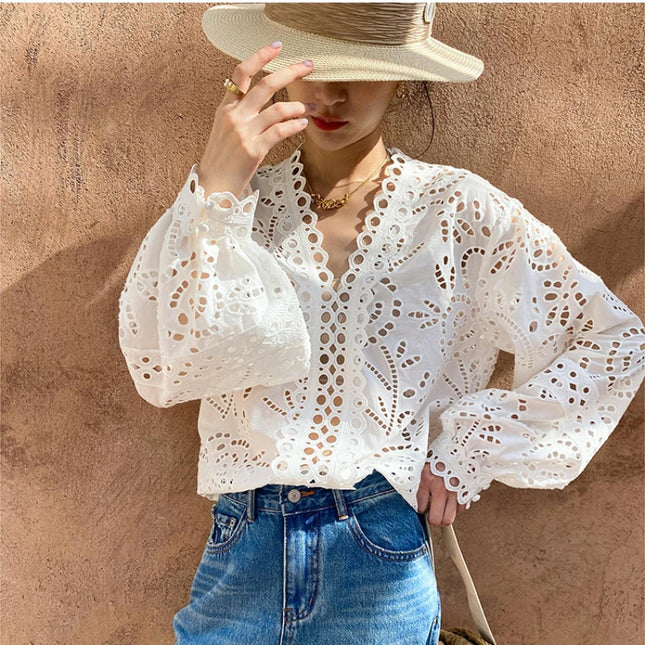 White Floral Eyelet Cotton Blouse – Long Sleeve V-Neck Top