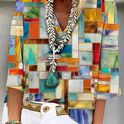 Vintage 3D Floral Oversized V‑Neck Tee – Breezy Summer Style