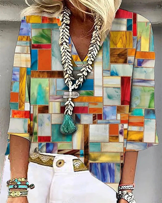 Vintage 3D Floral Oversized V‑Neck Tee – Breezy Summer Style