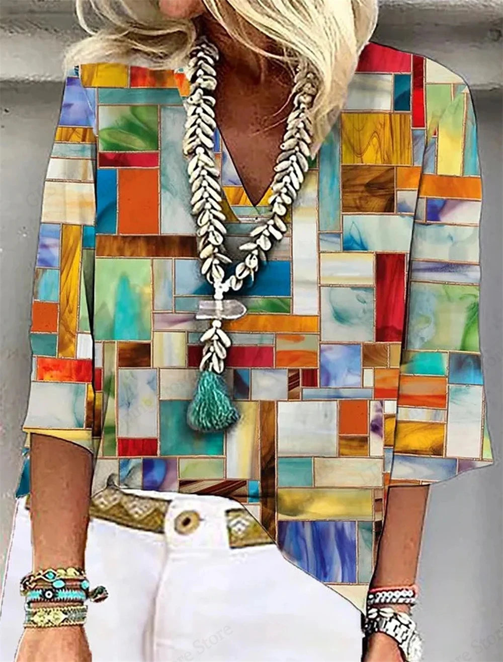 Vintage 3D Floral Oversized V‑Neck Tee – Breezy Summer Style