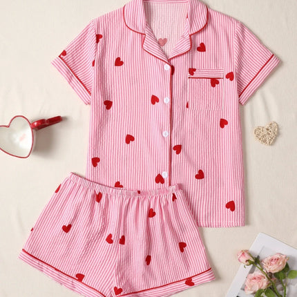 Pink Heart Print Short‑Sleeve Pajama Set