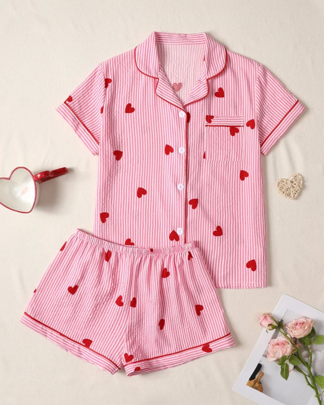 Pink Heart Print Short‑Sleeve Pajama Set