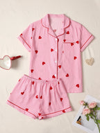 Pink Heart Print Short‑Sleeve Pajama Set-HighTouch