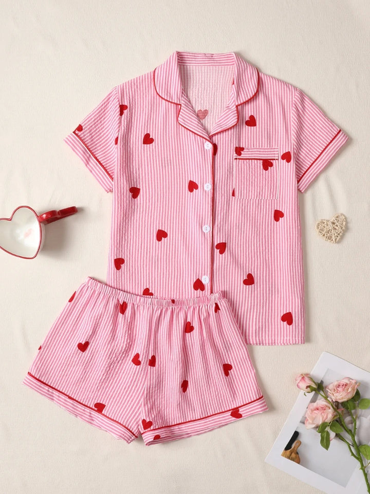 Pink Heart Print Short‑Sleeve Pajama Set-HighTouch