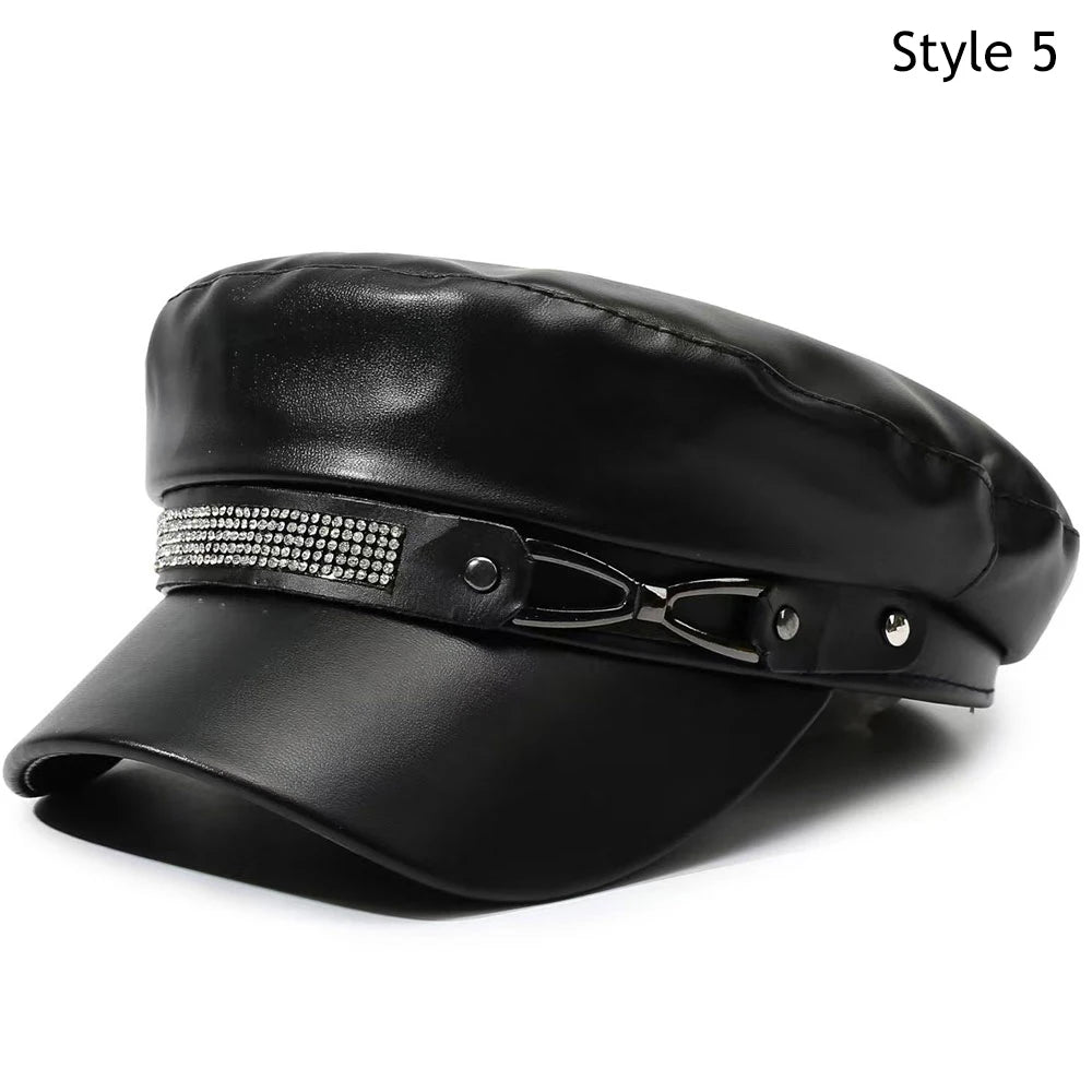 Winter Beret Women Black PU Leather Y2K Punk Newsboy Cap