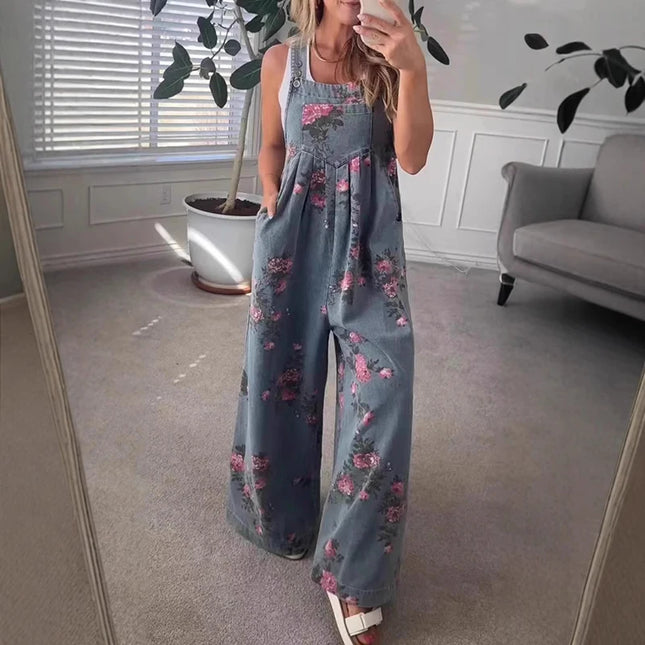 Retro Denim Button-Up Strappy Jumpsuit – Women’s Casual Pocket Overalls Romper