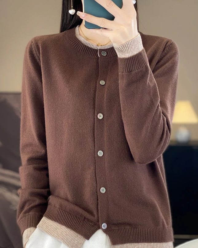 Spring Knit Patchwork Cardigan Lightweight O‑Neck Long Sleeve Sweater for Women