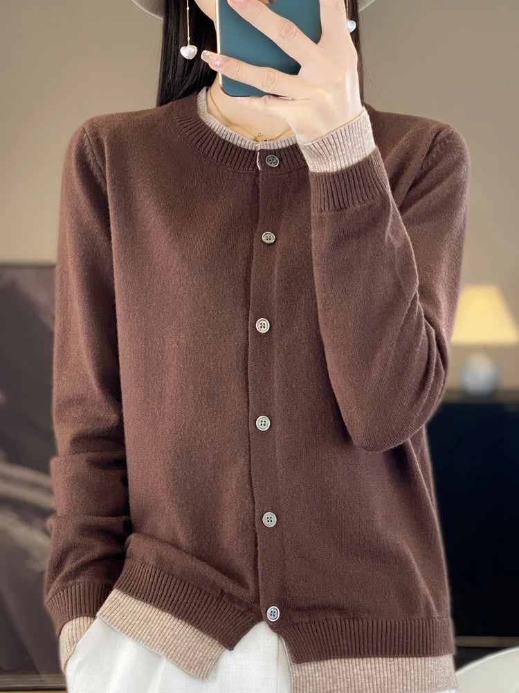 Spring Knit Patchwork Cardigan Lightweight O‑Neck Long Sleeve Sweater for Women