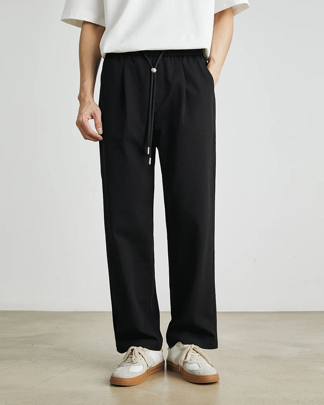 Men’s Straight-Leg Drawstring Trousers – Japanese Casual Elastic Waist Pants