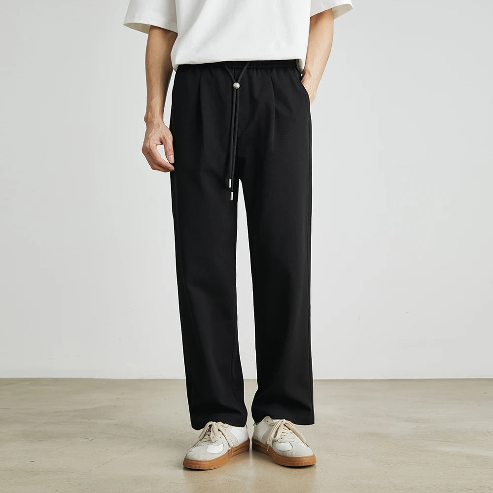 Men’s Straight-Leg Drawstring Trousers – Japanese Casual Elastic Waist Pants