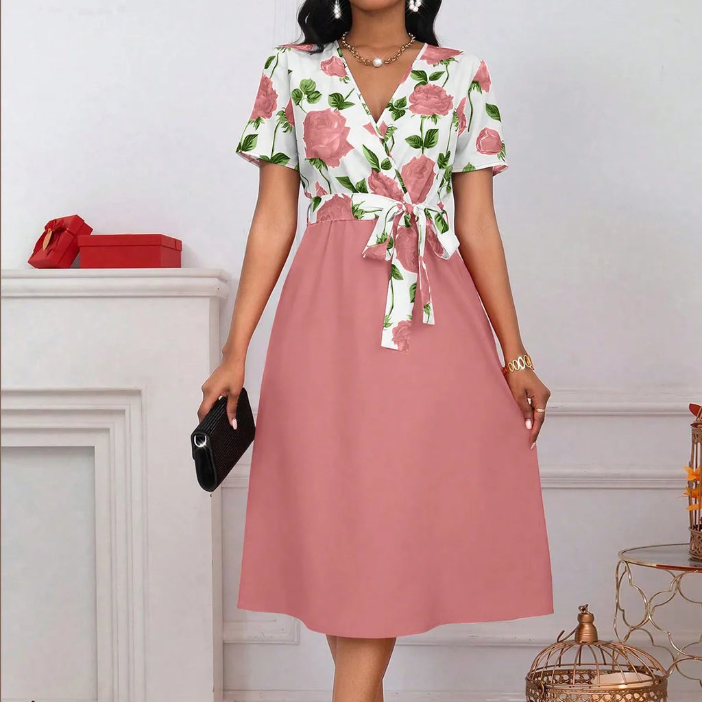 Women's Floral Print V-Neck Tie Waist Midi Dress