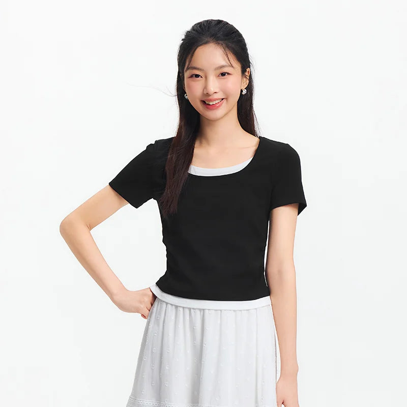 Sleek Fake Two‑Piece Cropped Tee – Slimming U‑Neck for Chic-HighTouch