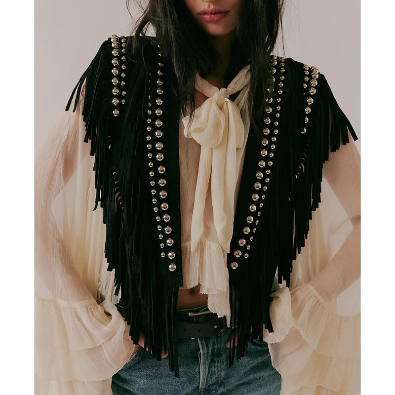 Vintage Studded Faux Suede Tassel Vest