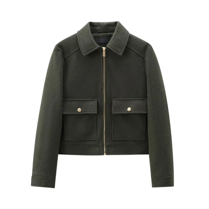 Women's Winter Zipper Jacket - Elegant Short Street Coat with Pockets