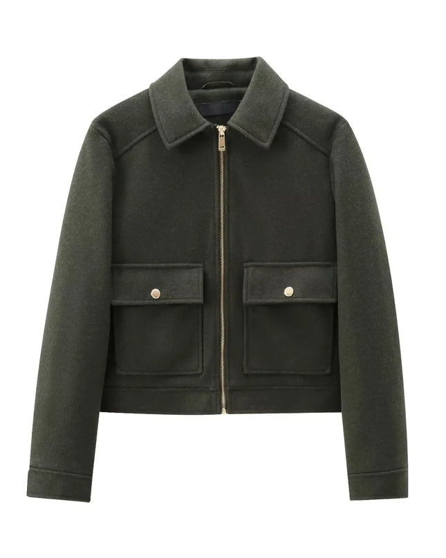 Women's Winter Zipper Jacket - Elegant Short Street Coat with Pockets
