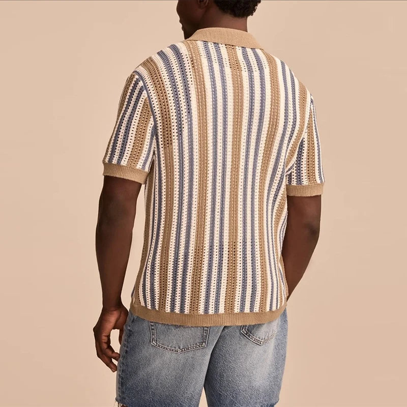 Breathable Hollow-Out Striped Knitted Polo Cardigan for Men