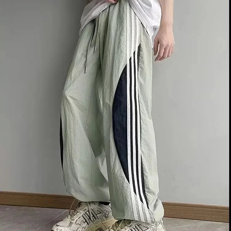 Quick-Dry Color-Block Straight Pants – Men’s 3-Stripe Loose-Fit Summer Trousers