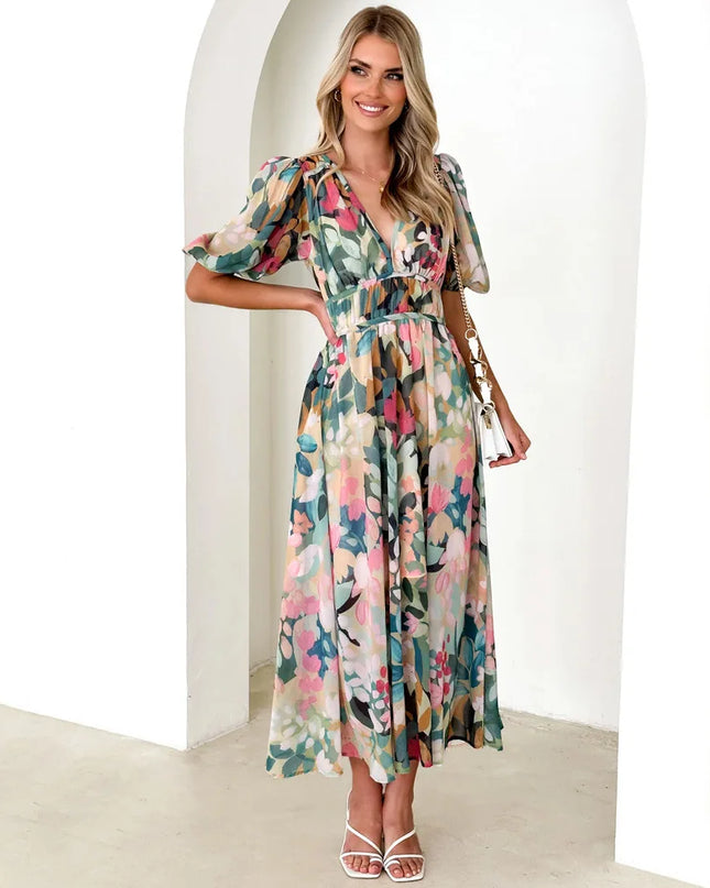 Boho Puff-Sleeve Maxi Dress – Printed, Waist-Trimming & Effortless Holiday Style