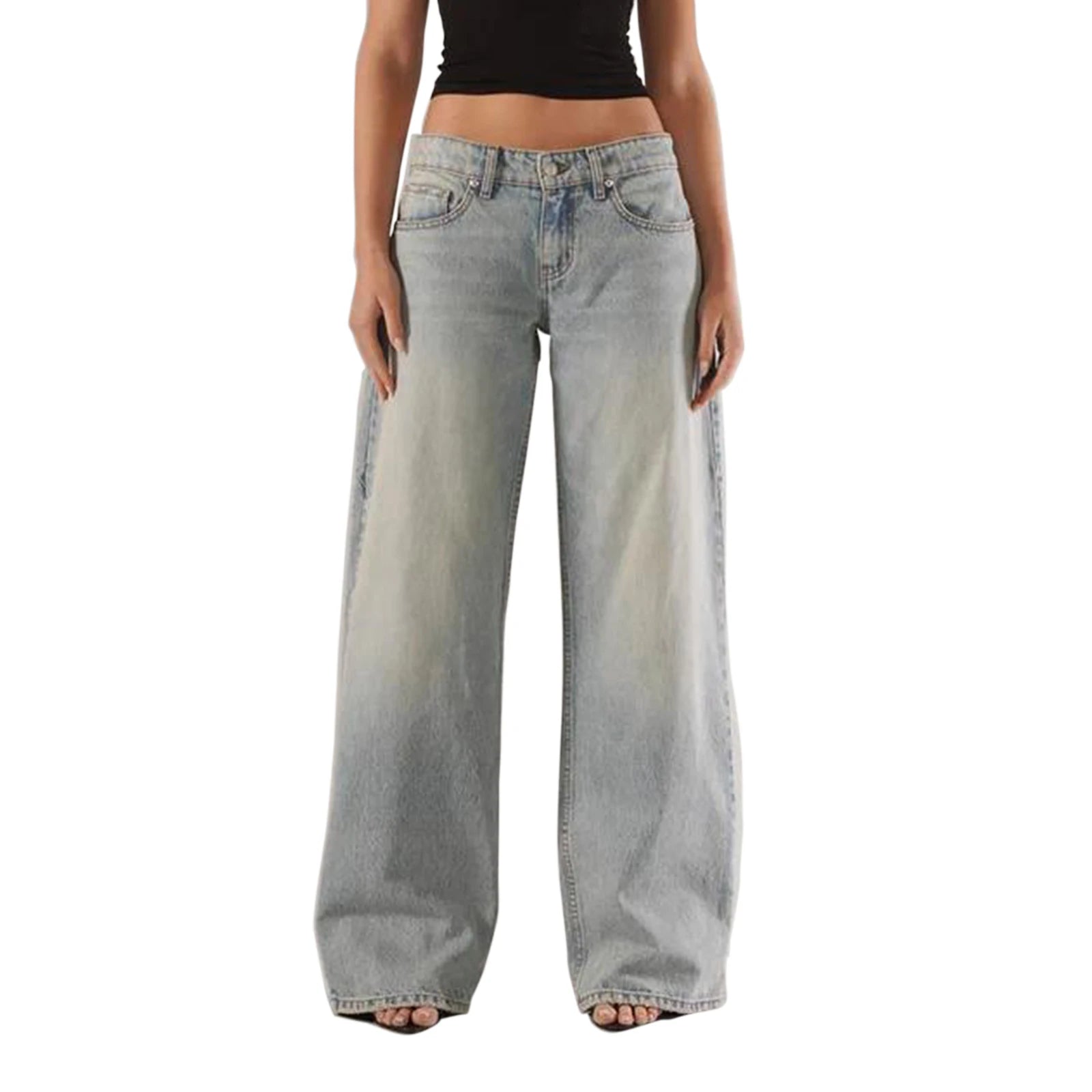 Women’s Low-Rise Wide-Leg Loose Denim Jeans – Solid Colour Spring Style