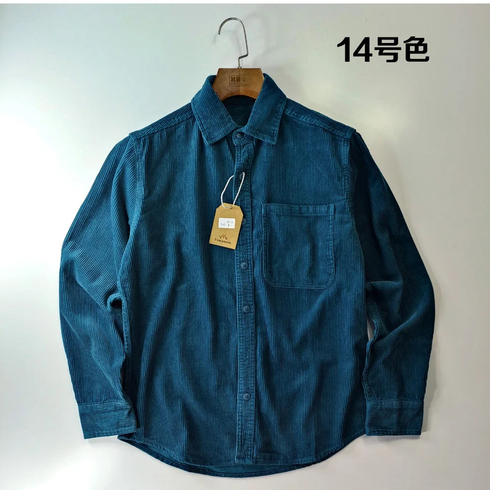 Vintage Retro Corduroy Button-Down Shirt Men –  Cotton Long Sleeve