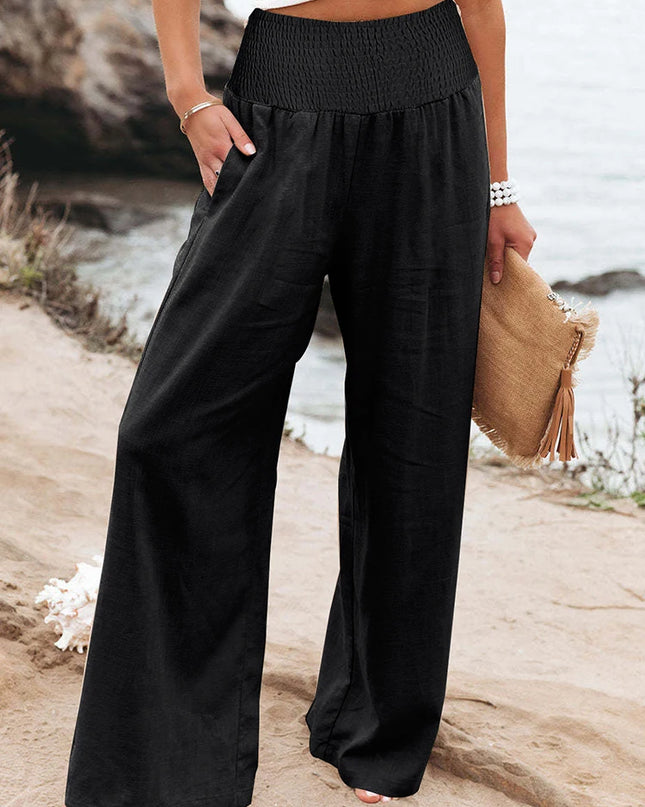 Plus-Size High-Waist Wide-Leg Cotton-Linen Pants – Retro Casual Elastic Trousers