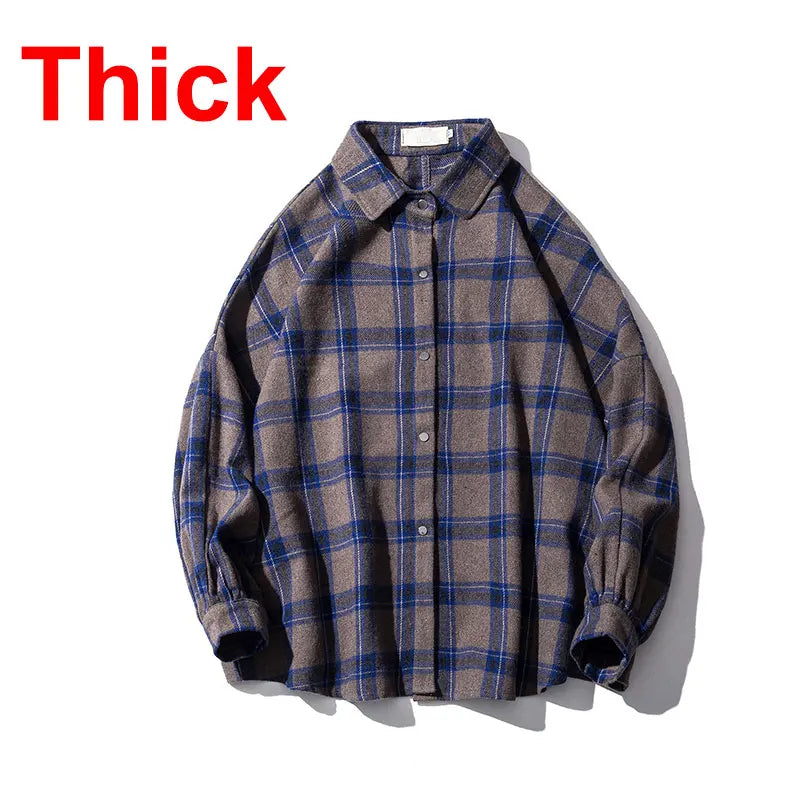 Oversized Vintage Plaid Shirt Men – Thick Long-Sleeve Streetwear Blouse