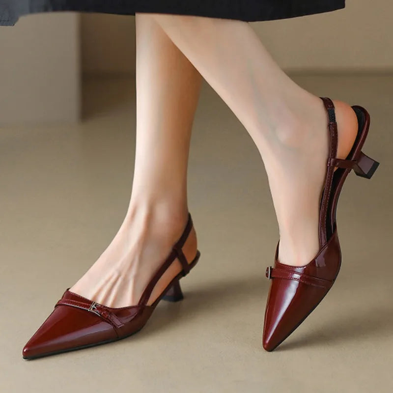 Mid-Heel Pointed Patent Leather Sandals Women-HighTouch