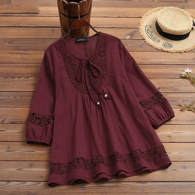 Cotton-Linen Lace Summer Blouse – ¾ Sleeve Casual Top
