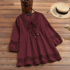 Cotton-Linen Lace Summer Blouse – ¾ Sleeve Casual Top-HighTouch