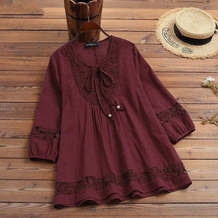 Cotton-Linen Lace Summer Blouse – ¾ Sleeve Casual Top-HighTouch