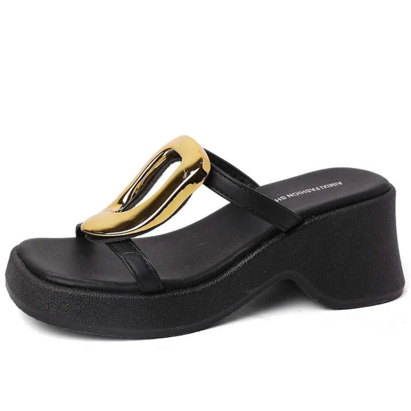 Women’s Metal-Detail Thick-Heel Platform Slides-HighTouch