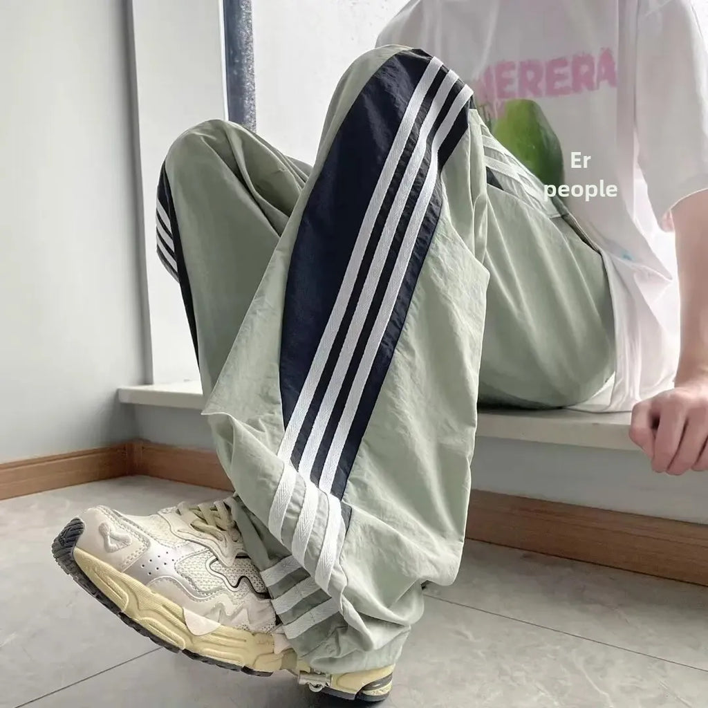 Quick-Dry Color-Block Straight Pants – Men’s 3-Stripe Loose-Fit Summer Trousers