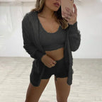 Women’s Plush 3-Piece Loungewear Set – Vest, Hoodie & Shorts for Ultimate Comfort-HighTouch