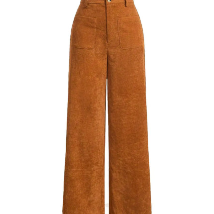 All-Season High Waist Wide-Leg Trousers for Women – Button Front & Pockets