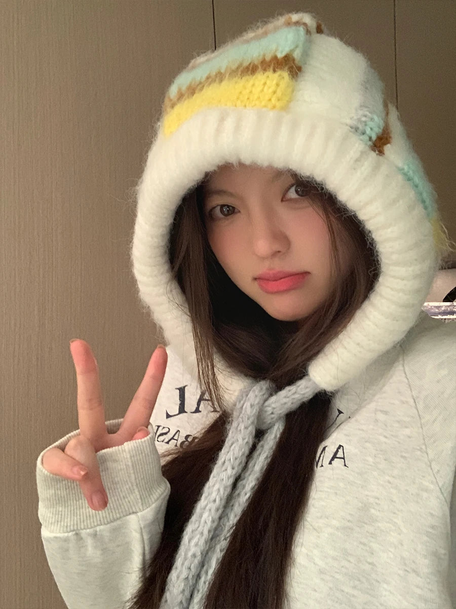 Color-Blocked Striped Warm Earmuffs for Women