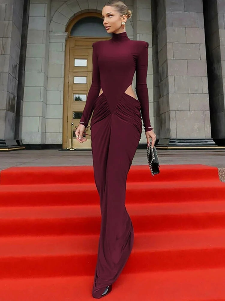 Women’s Elegant Maxi Dress Long Sleeve Turtleneck Ruched Hollow Out-HighTouch
