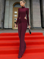 Women’s Elegant Maxi Dress Long Sleeve Turtleneck Ruched Hollow Out-HighTouch