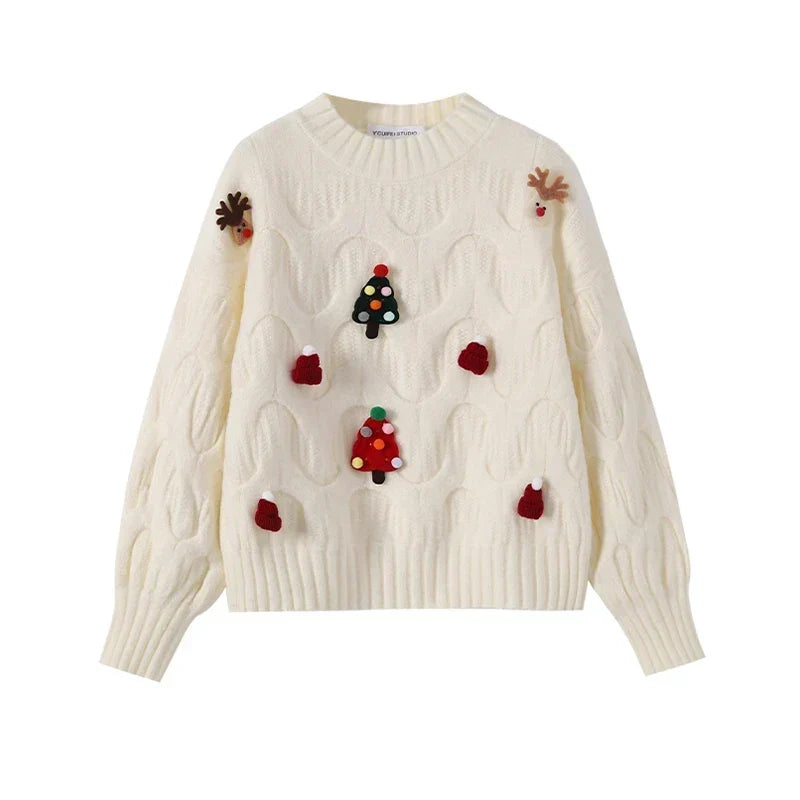 Women's Cable-Knit Balloon Sleeve Christmas Applique Sweater