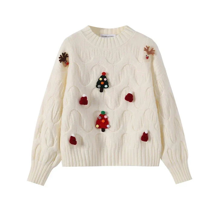 Women's Cable-Knit Balloon Sleeve Christmas Applique Sweater