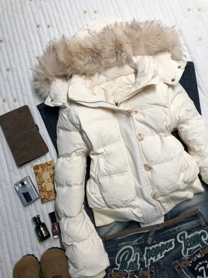 Winter Puffer Coat Women Fur Collar Hooded Cotton Padded Jacket