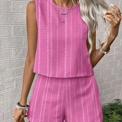 Striped Sleeveless O‑Neck Top & High‑Waist Shorts Set – Lightweight Summer Co‑Ord