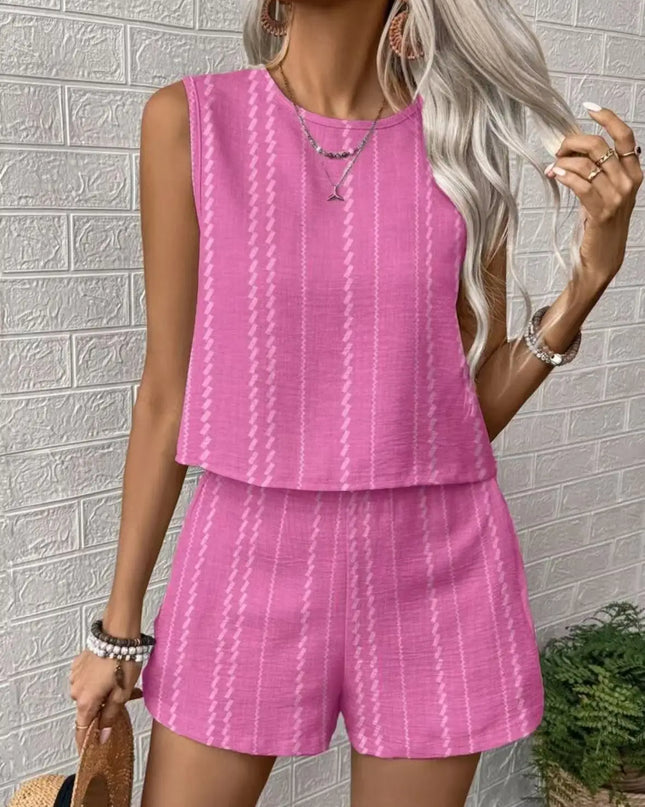 Striped Sleeveless O‑Neck Top & High‑Waist Shorts Set – Lightweight Summer Co‑Ord