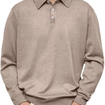 Men’s Long-Sleeve V-Collar Solid Polo Shirt – Loose Fit Casual Knitwear