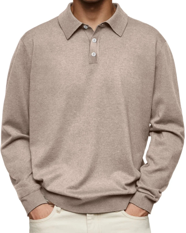 Men’s Long-Sleeve V-Collar Solid Polo Shirt – Loose Fit Casual Knitwear